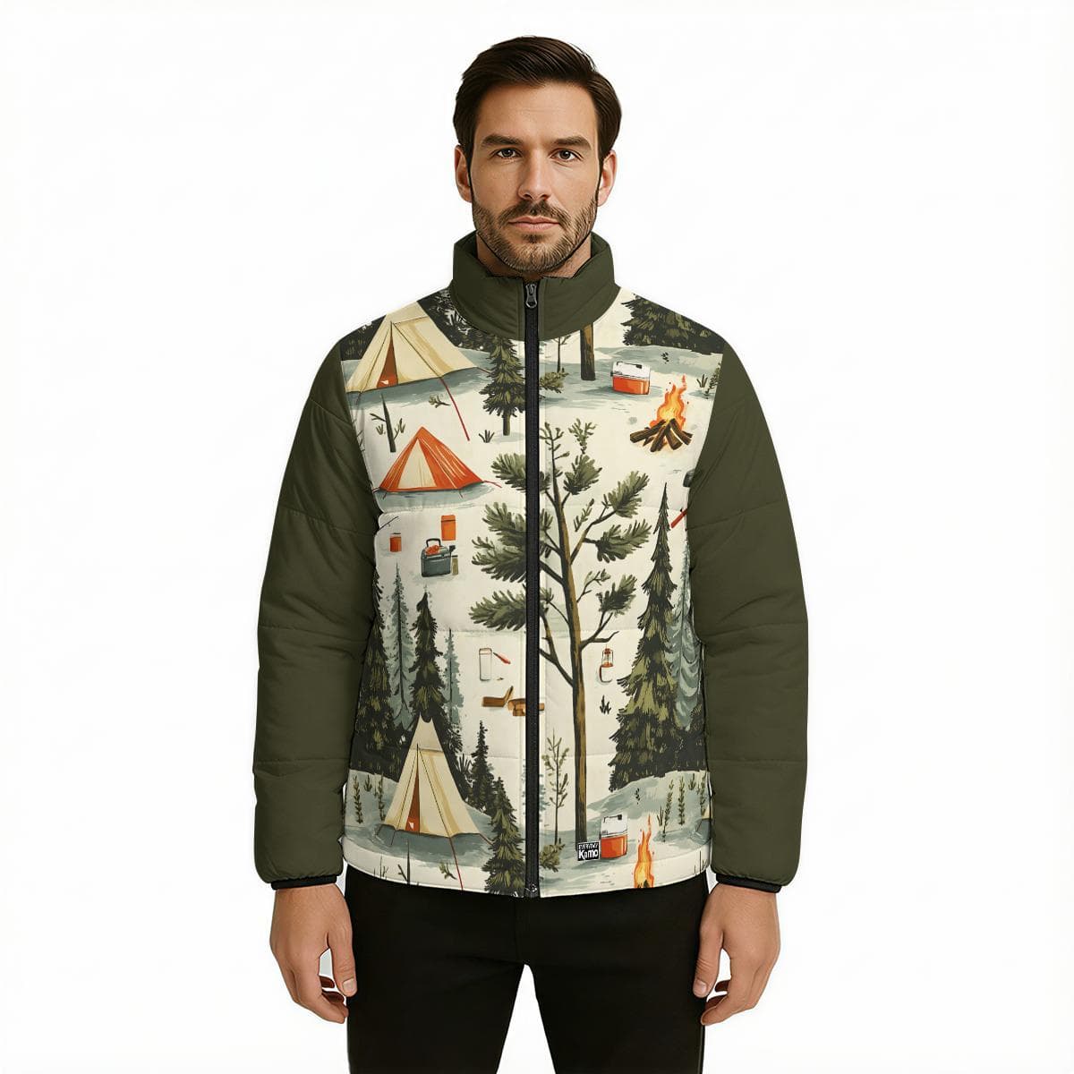 Wanderlust Camping Puffer Jacket | Women's Cozy Forest Print Quilted Coat | Nature Adventure Lightweight Outerwear