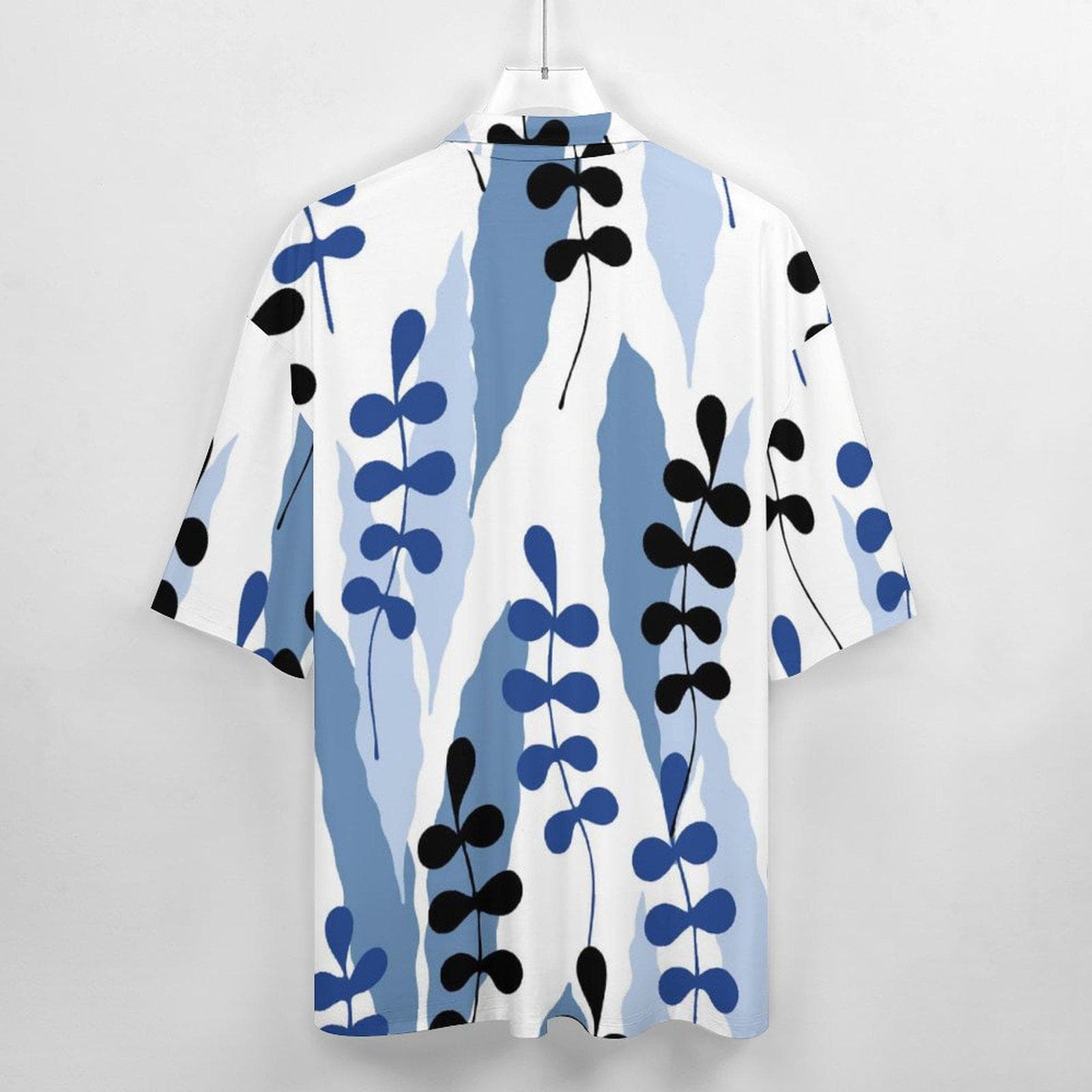 Men's Abstract Leaf Print Cuban Collar Shirt | Premium Cotton Short Sleeve Button Up | Blue & Black Summer Style