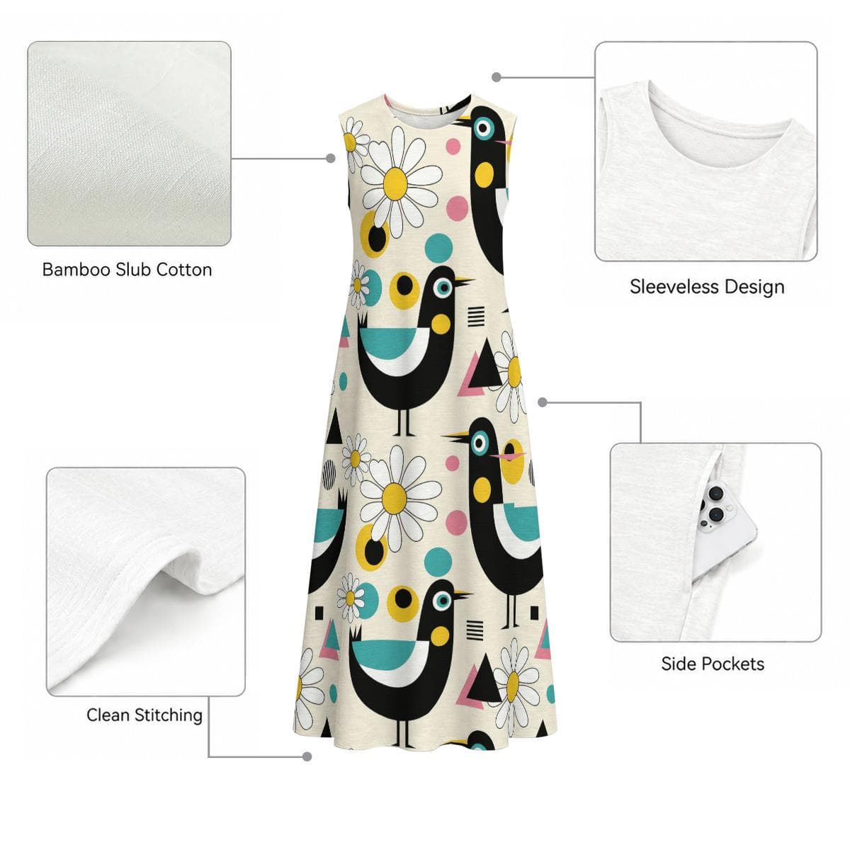 Cotton Slub Bird Daisy Print A-Line Midi Dress | Sleeveless Summer Beach Dress