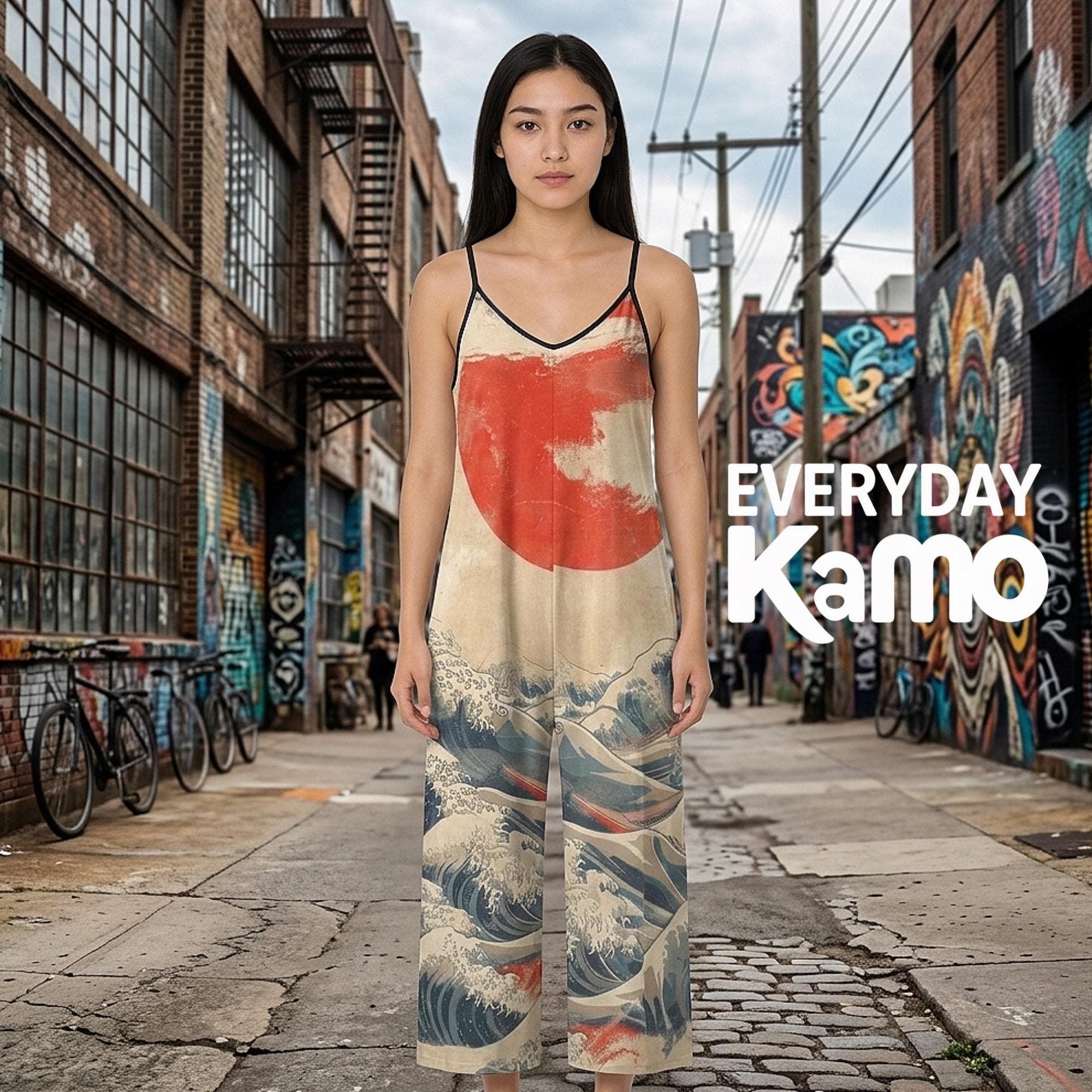 Hokusai Great Wave Jumpsuit | Polyester Spandex Wide Leg Romper