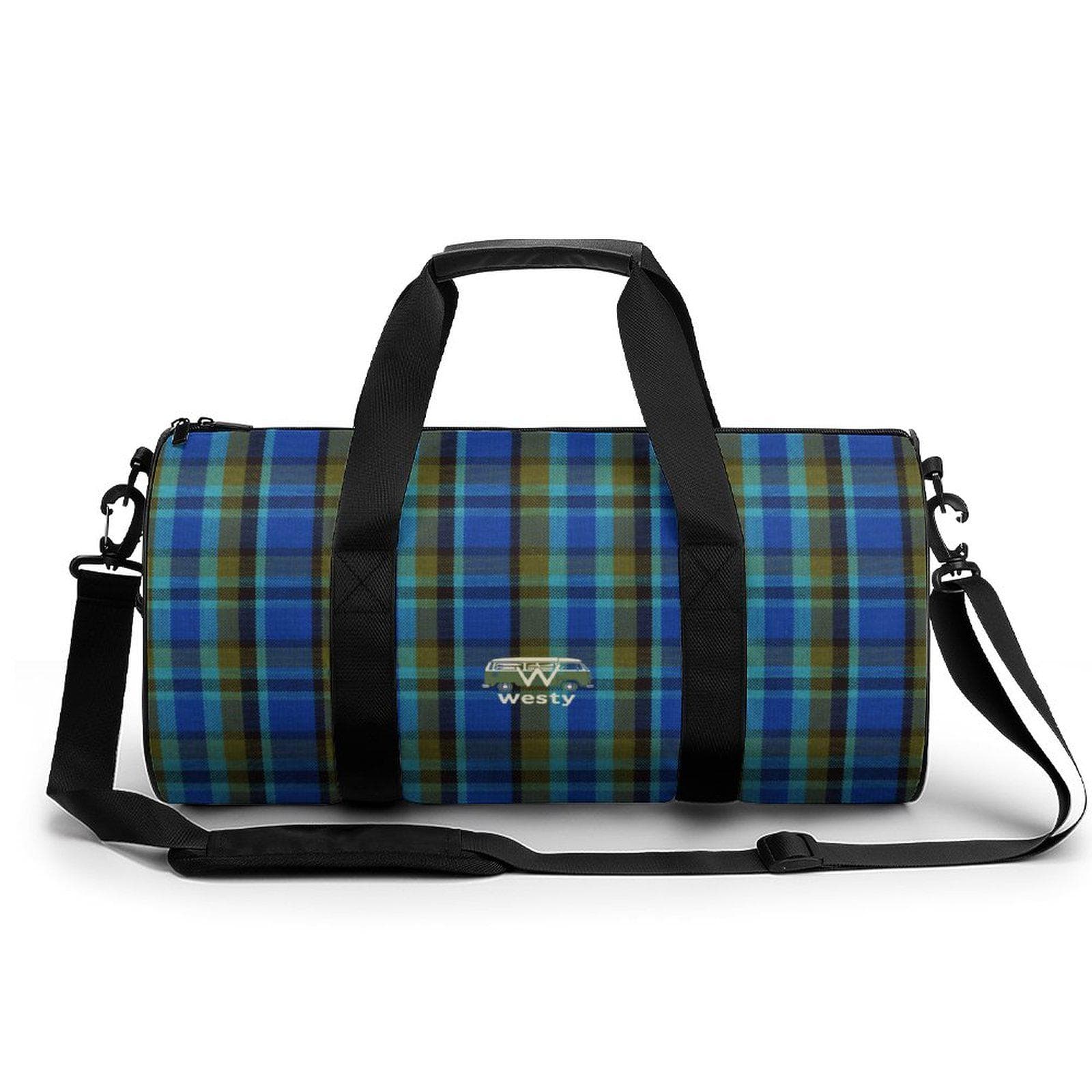 Westy Westfalia Blue Plaid Cylindrical Gym Travel Bag Oxford