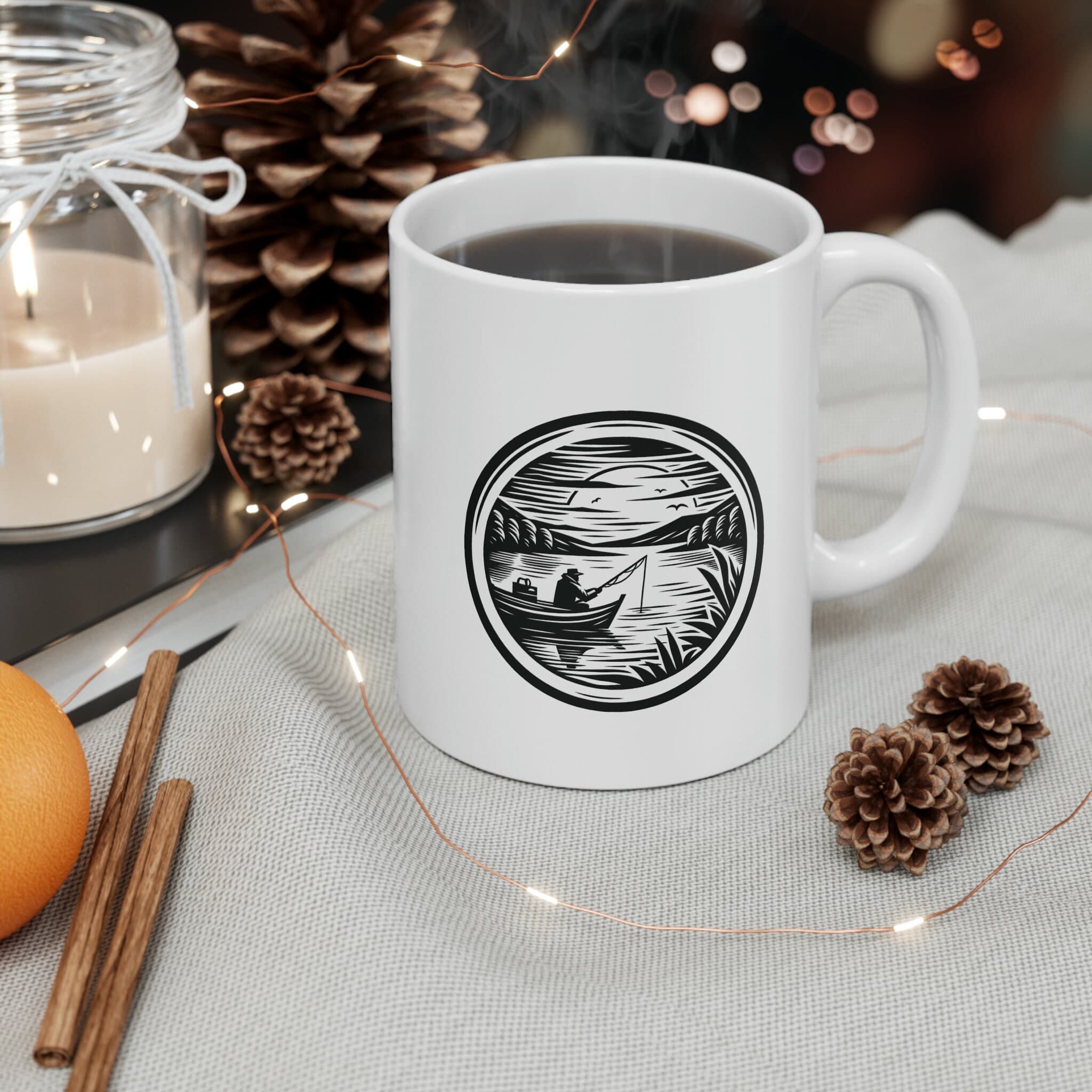 Fishing Ceramic Mug 11oz | Woodcut Bass Design Coffee Cup Gift