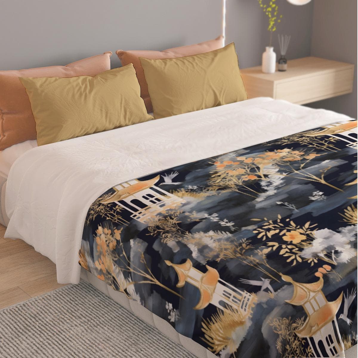Chinoiserie Pagoda Crane Duvet Cover Set - Asian Inspired Luxury Bedding - Dark Floral Dynasty