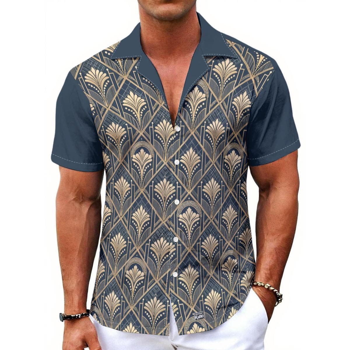 Art Deco Hawaiian Shirt | Men's Vintage Gold Navy Camp Collar Button Up | Summer Short Sleeve Aloha