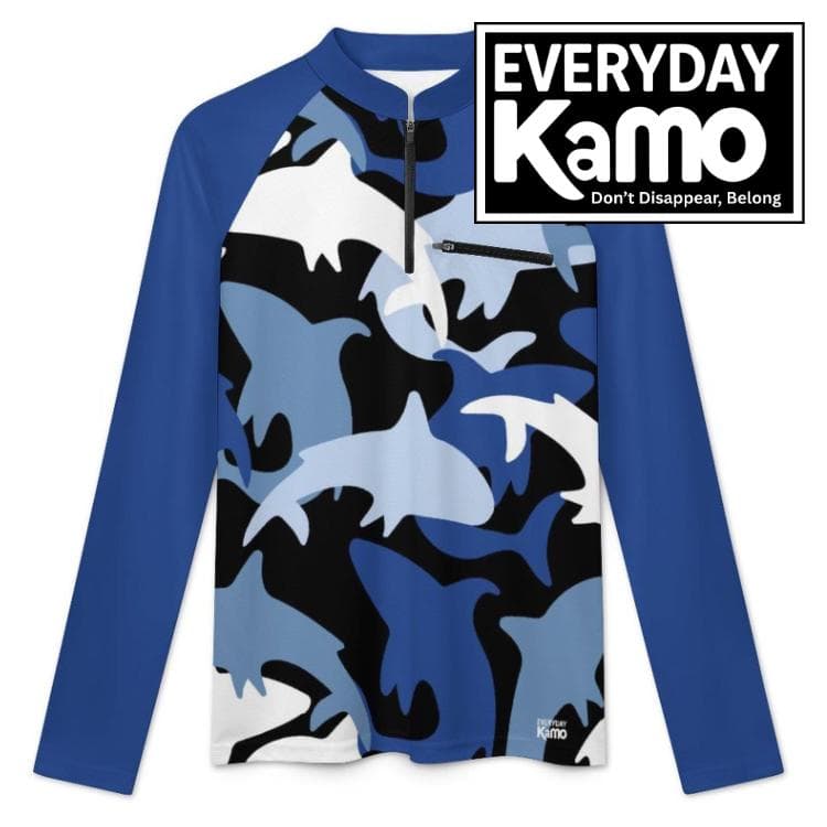 Men's Shark Camo Performance Fishing Hoodie | UV Protection Stand-Up Collar Quarter Zip | Everyday Kamo Outdoor Sport Shirt