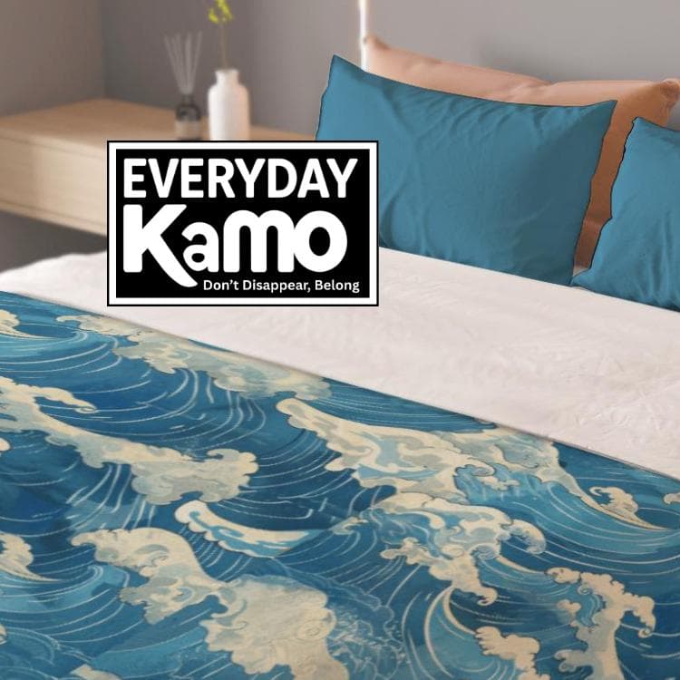 Japanese Wave Art Duvet Cover Set | Ocean Blue Polyester Bedding