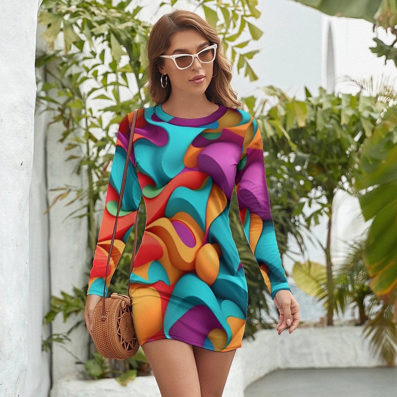 Vibrant Abstract Print Long Sleeve Mini Dress | Comfortable Everyday Round Neck Dress | Psychedelic Art Women's Short Dress