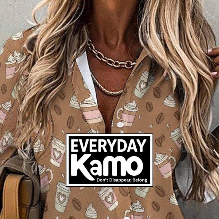 Coffee Lover Asymmetrical Hem Shirt | Women's Unique Coffee Bean & Latte Print Blouse | Casual Button-Up Top