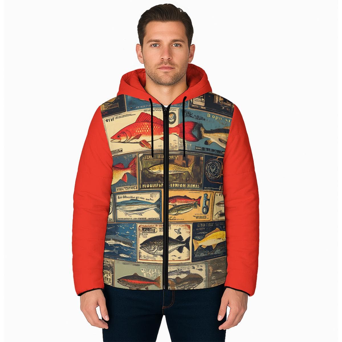 Vintage Fish Print Puffer Jacket – Women's Hooded Winter Coat