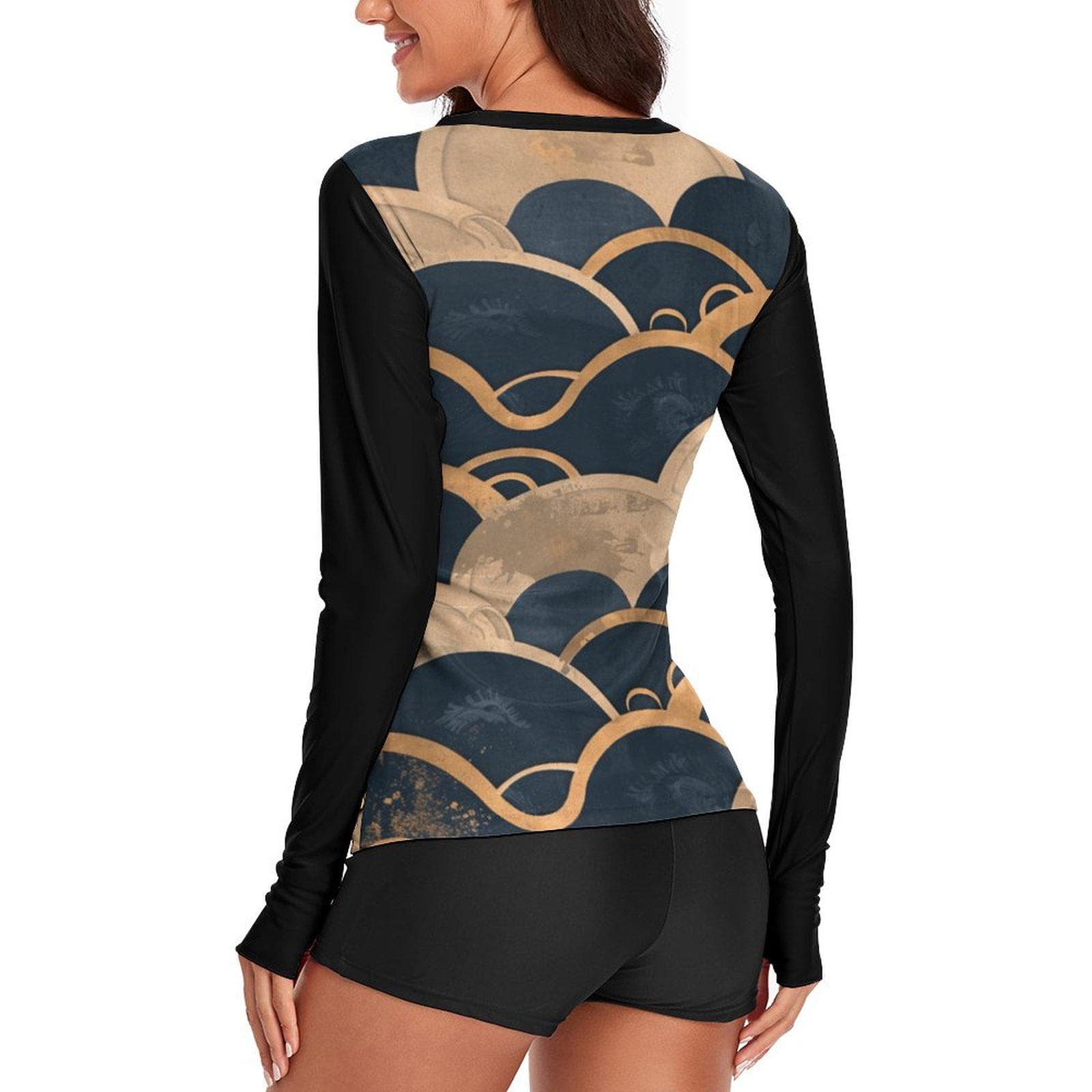 Everyday Kamo Women's UPF 40 Sun Protection Shirt | Japanese Wave Print Long Sleeve Rash Guard | Quick Dry Cooling Outdoor Top