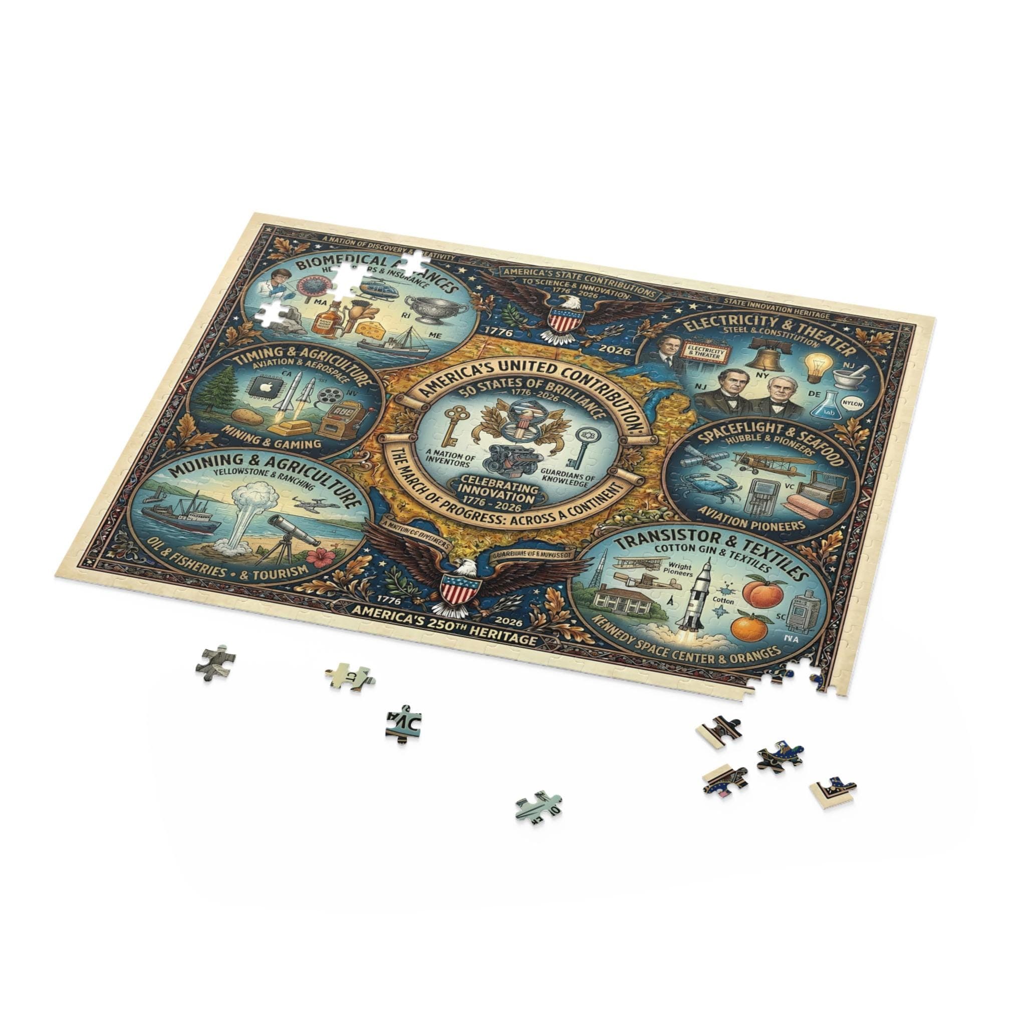 USA 250th Heritage Illustrated Puzzle | 252/500 Piece Chipboard | State Landmarks