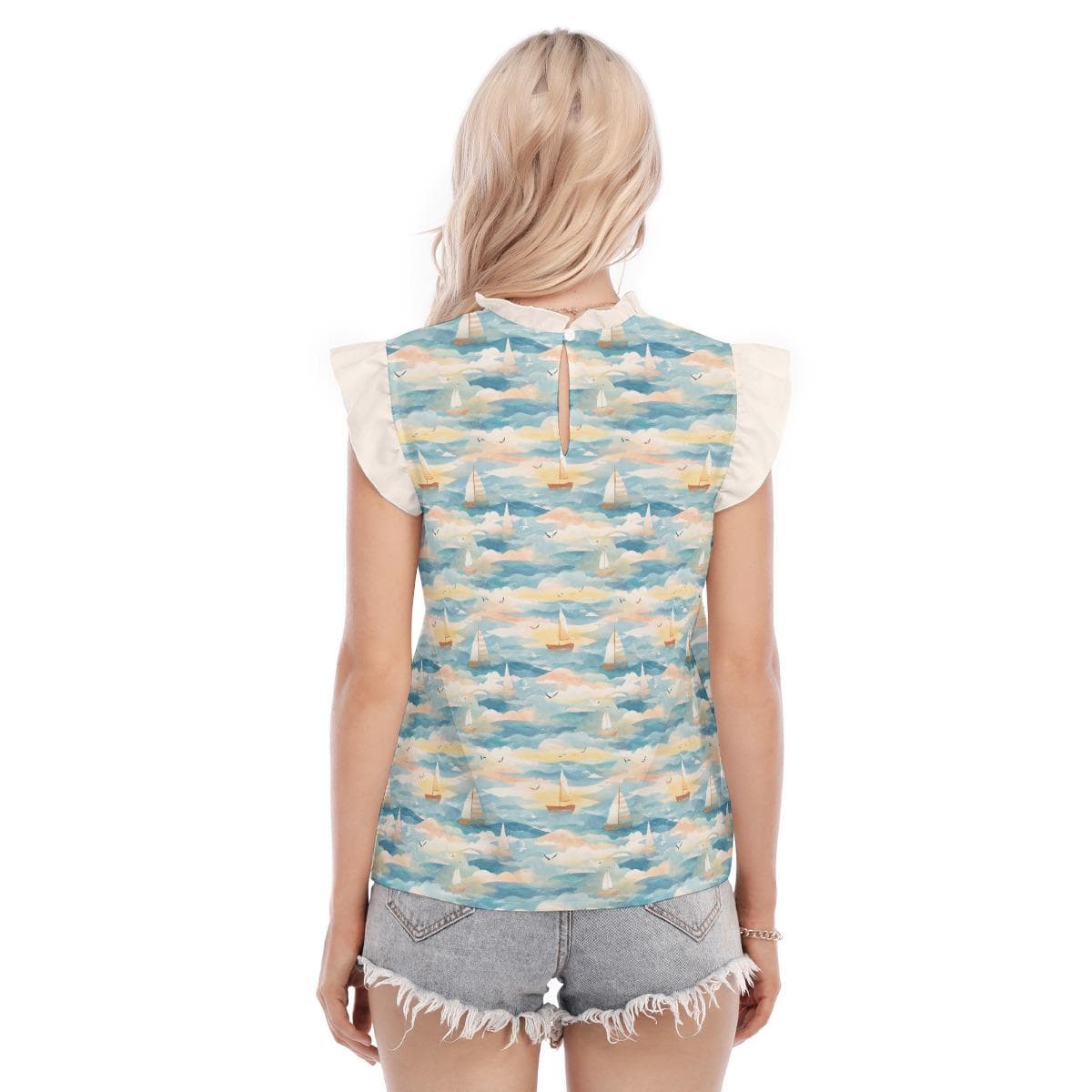 Elegant Sailboat Ruffle Blouse | Nautical Print Summer Top | Charming Ruffle Collar & Sleeve Shirt