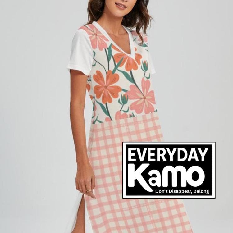 Boho Floral Gingham Maxi Dress | Comfortable V-Neck Summer Dress with Side Slits | Versatile Casual Beach Commute Dress