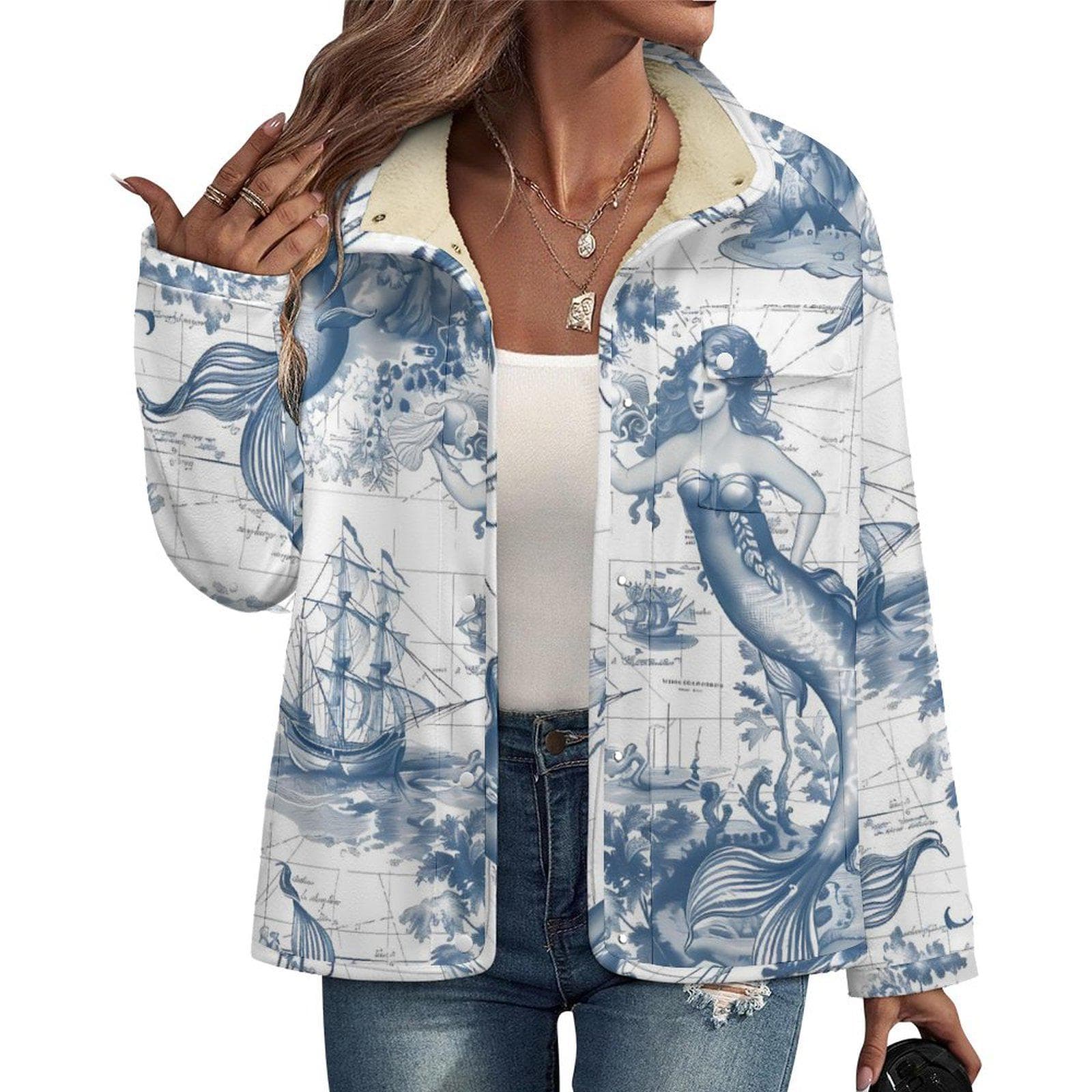 Coastal Explorer Mermaid Fleece Jacket - Nautical Map Toile Print Sherpa Lined Stand-Up Collar Cozy Outerwear