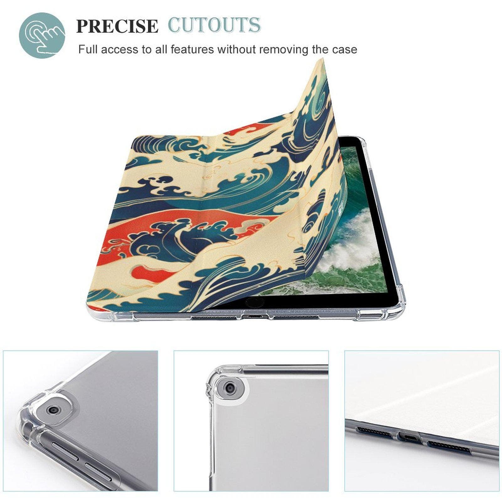 Japanese Wave iPad Case with Apple Pencil Holder | Hokusai Art Faux Leather Protective Tri-Fold Cover
