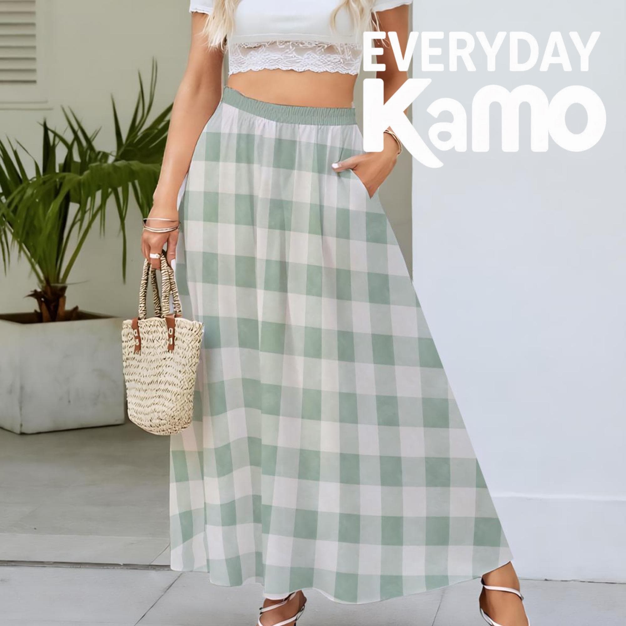 Light Green Gingham Maxi Skirt | Elastic Waist Lined Plaid Skirt
