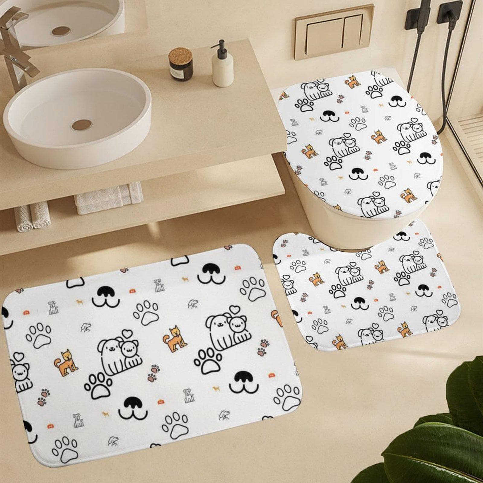 Cute Cat Dog 4-Piece Bathroom Set Shower Curtain Bath Mat Toilet Cover