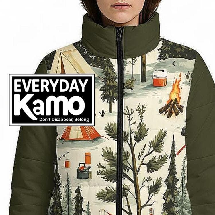 Wanderlust Camping Puffer Jacket | Women's Cozy Forest Print Quilted Coat | Nature Adventure Lightweight Outerwear