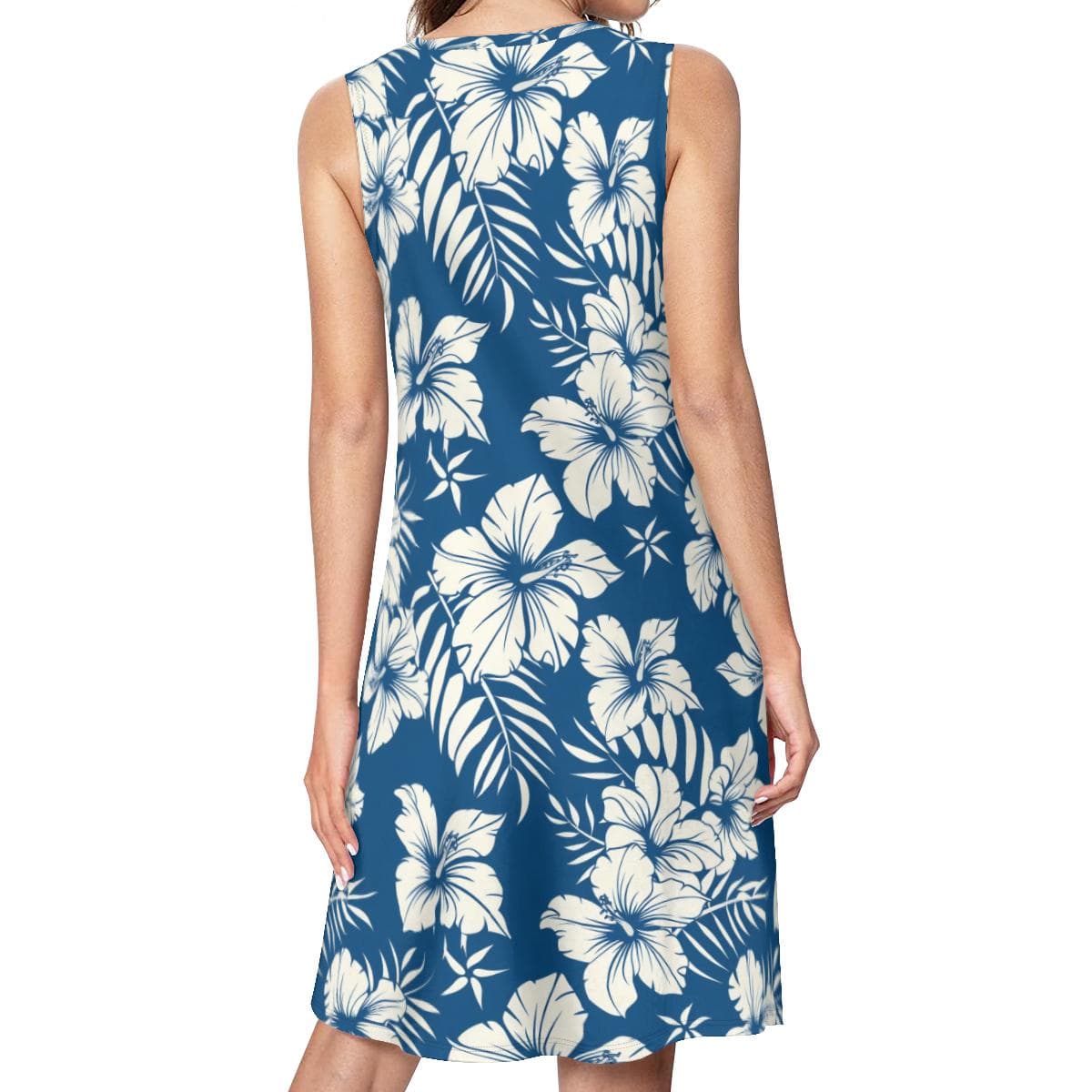 Tropical Hibiscus Sleeveless Dress with Pockets - Flowy Summer Knee-Length Comfort