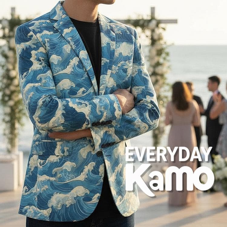 Men's Japanese Wave Print Cotton Blazer | Ukiyo-e Blue Jacket