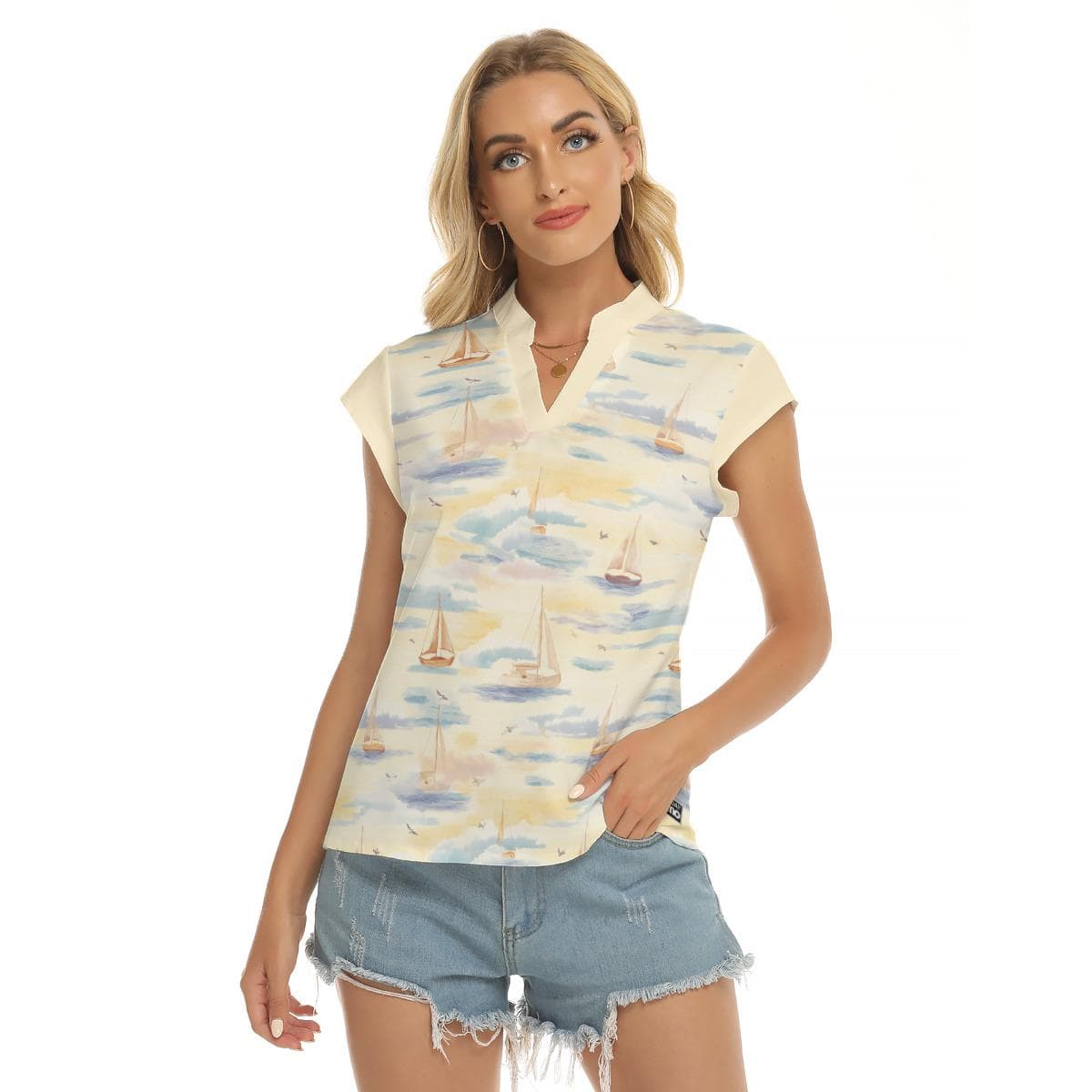 Coastal Sailboat V-Neck Top, Women's Short Sleeve Nautical Print Blouse, Summer Casual Shirt