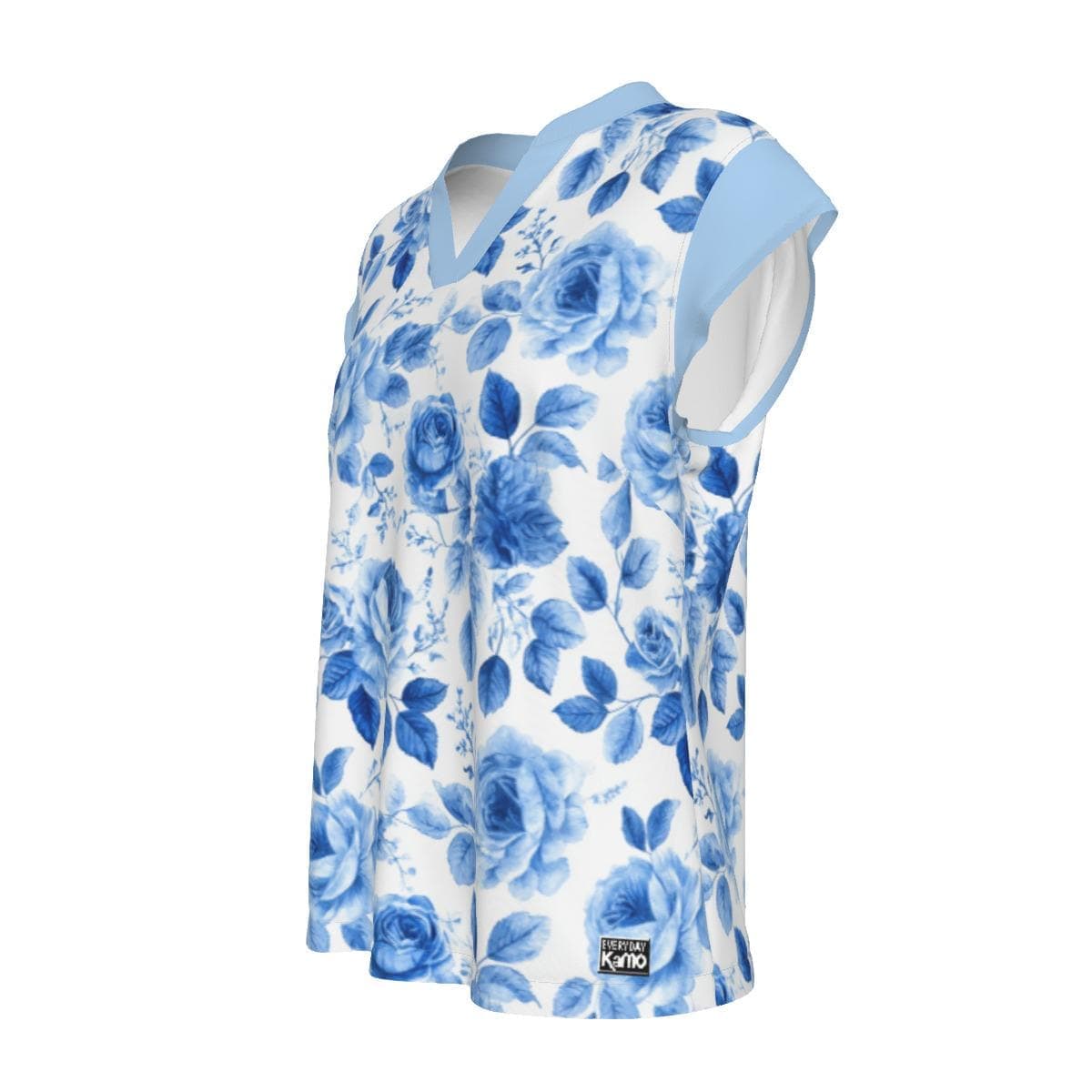 Elegant Blue Rose Floral V-Neck Top | Chic Summer Blouse | Women's Short Sleeve Tee
