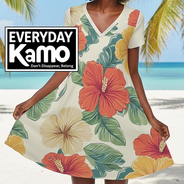 Everyday Kamo | Tropical Hibiscus V-Neck Dress | Short Sleeve Floral Mini Dress | Silky Milk Silk Resort Wear | Summer Vacation Casual