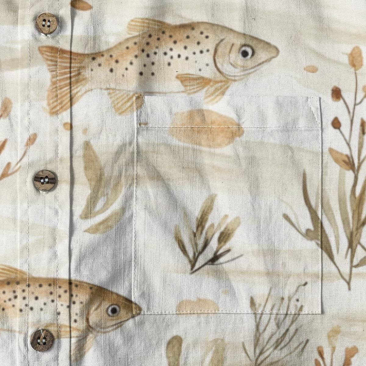 Effortless Elegance Trout Print Button-Up Shirt | Men's Fishing Slub Cotton Short Sleeve