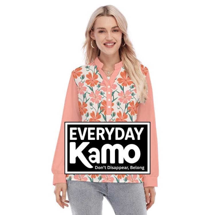 Peach Blossom Floral Blouse | Mandarin Collar, Stretch Fabric