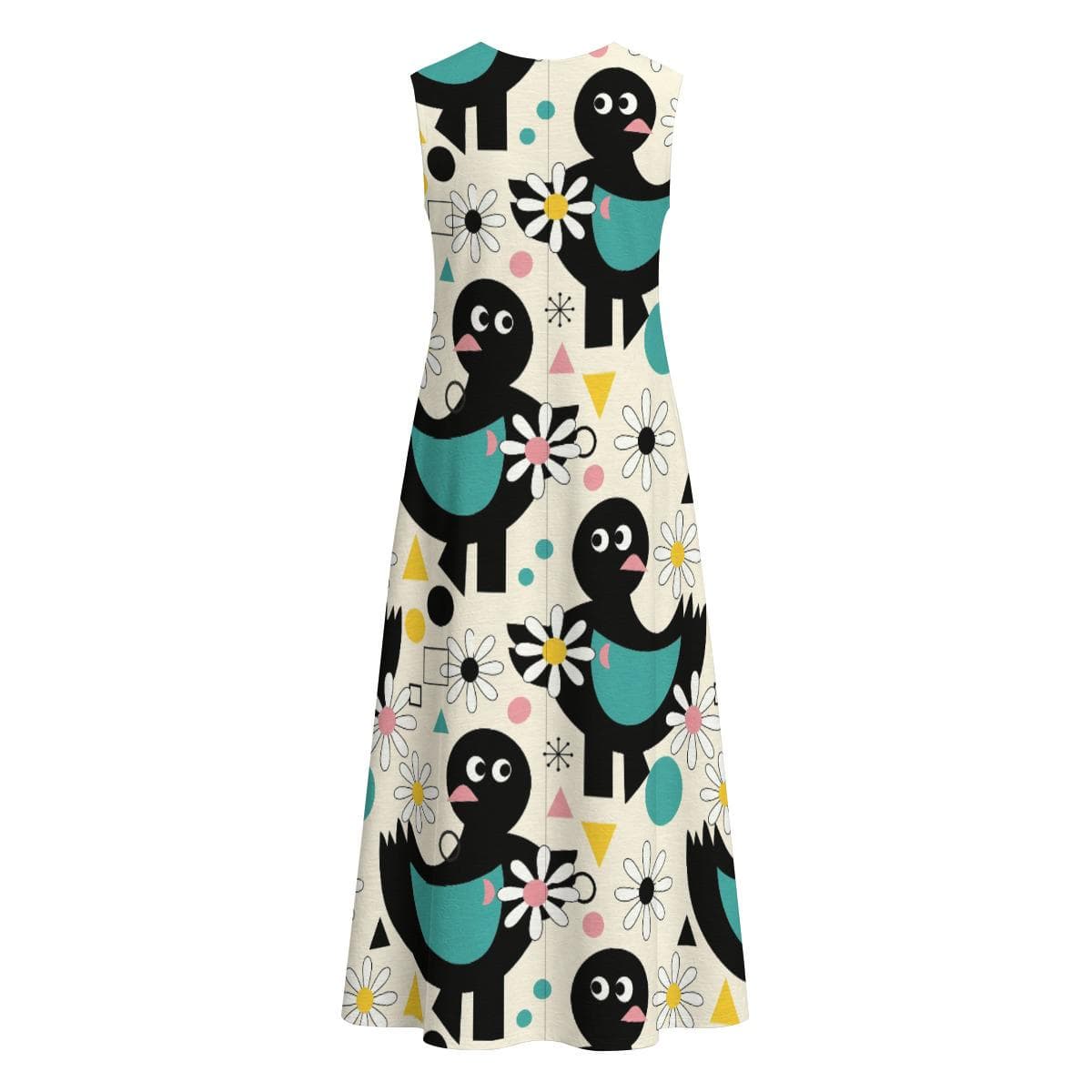 Playful Bird & Daisy Cotton Slub Midi Dress | Sleeveless A-Line Summer Dress | Comfy Casual Resort Wear
