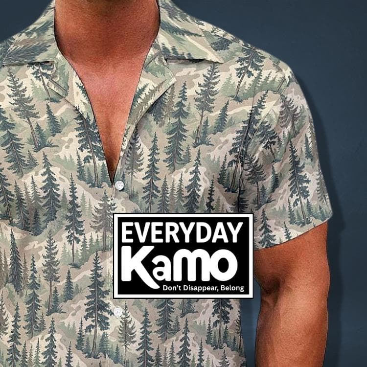 Men's Pine Tree Forest Hawaiian Shirt | Woodland Camo Camp Collar Button Up | Breathable Summer Nature Print Shirt