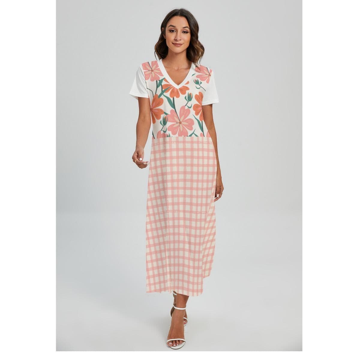 Boho Floral Gingham Maxi Dress | Comfortable V-Neck Summer Dress with Side Slits | Versatile Casual Beach Commute Dress