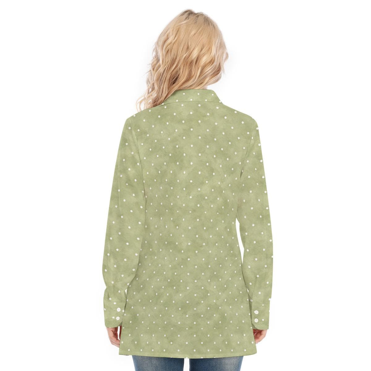 Sage Green Polka Dot Cotton Stretch Tunic Shirt Women's Button Down Top