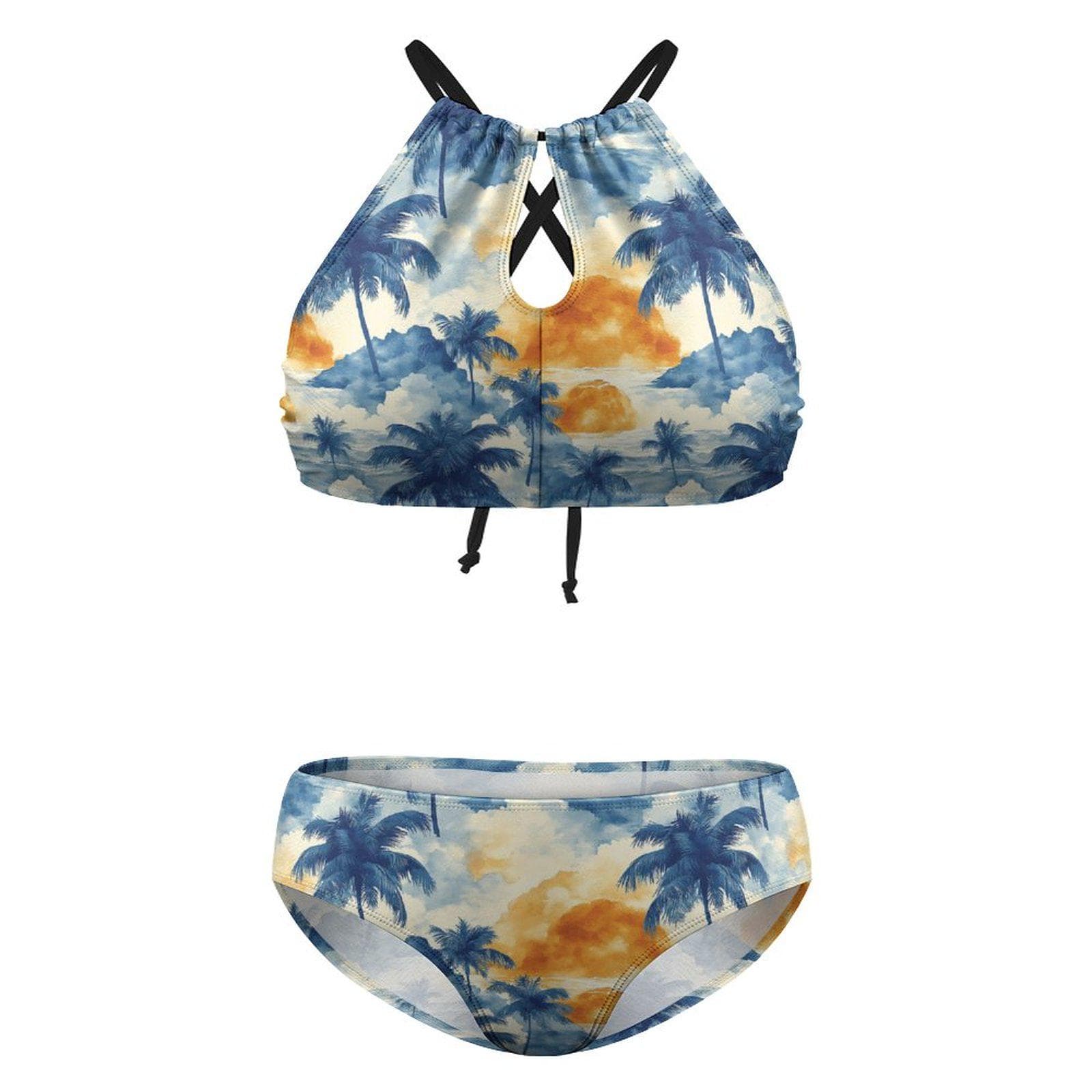 Sunset Paradise Plus Size Halter Bikini Set - Tropical Palm Print Swimwear