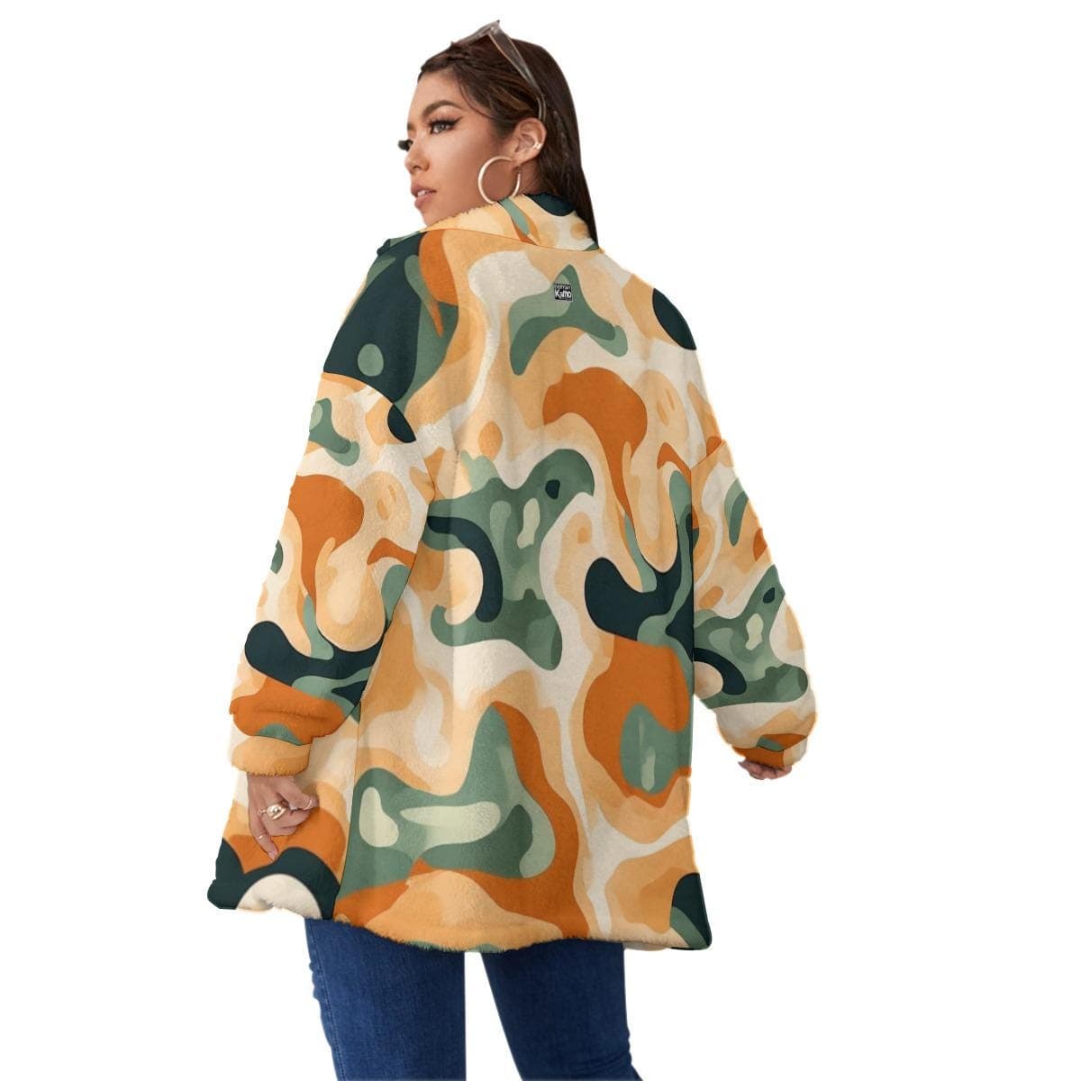 Abstract Camo Borg Fleece Jacket, Oversized Sherpa Coat