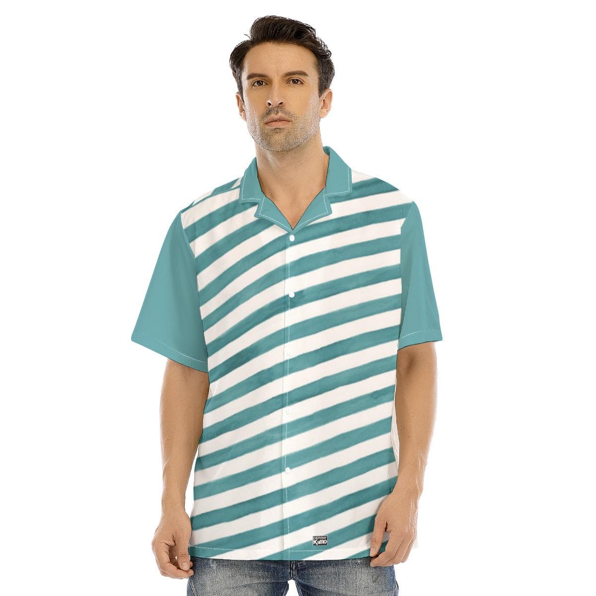 Men's Aqua Stripe Hawaiian Shirt | Teal & White Diagonal Summer Button Up | Beach Vacation Camp Collar Shirt