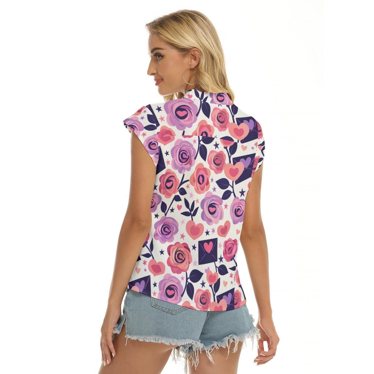 Romantic Floral Stacked V-Neck Top | Pink Rose & Heart Print Blouse | Everyday Charming Women's Tee