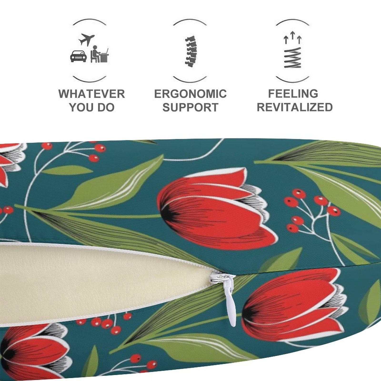 Teal Red Tulip Memory Foam Neck Pillow | Floral Travel Comfort, Home Relaxation | Detachable Cover for Neck Pain Relief