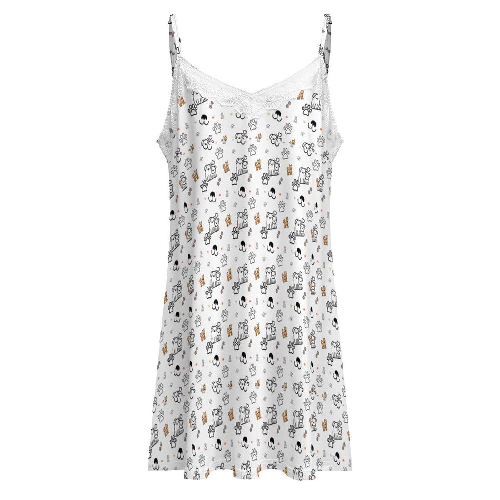 Dog Print Milk Silk Camisole Nightgown - Lace Trim Sleepwear