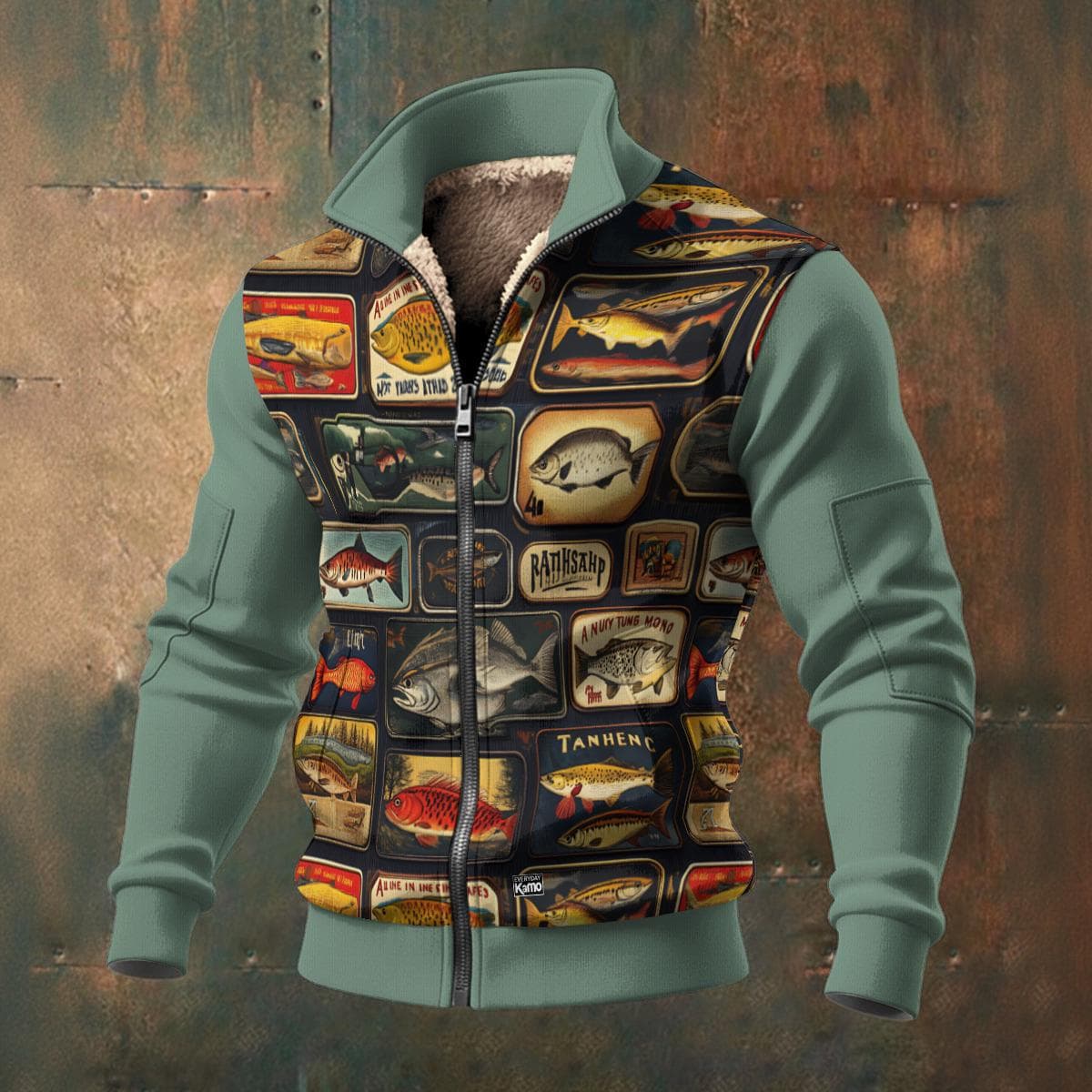 Vintage Fishing Art Zip-Up Jacket | Cozy Fleece Retro Fish Apparel | Outdoor Enthusiast Style
