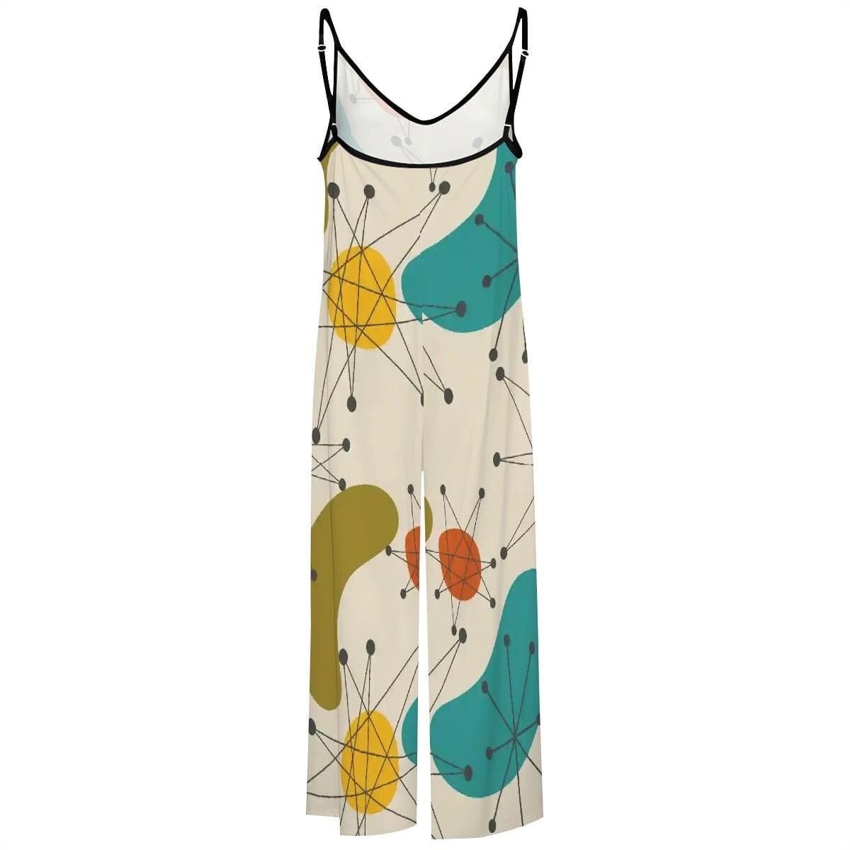 Mid-Century Atomic Print Wide Leg Jumpsuit | Comfy V-Neck Culotte Loungewear