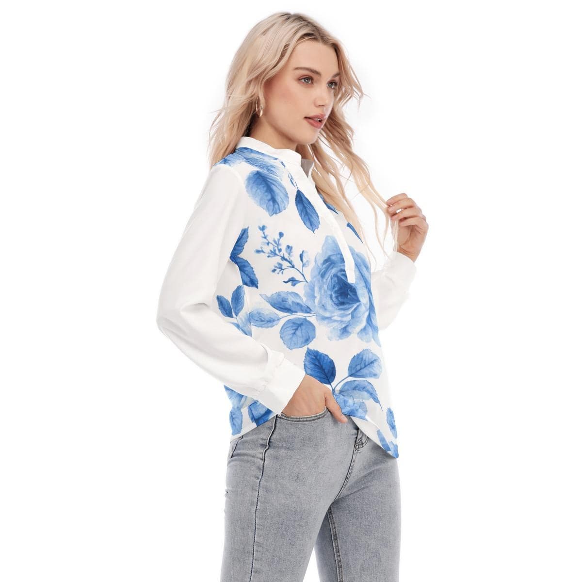 Blue Rose Floral Henley Blouse | Women's Long Sleeve Top