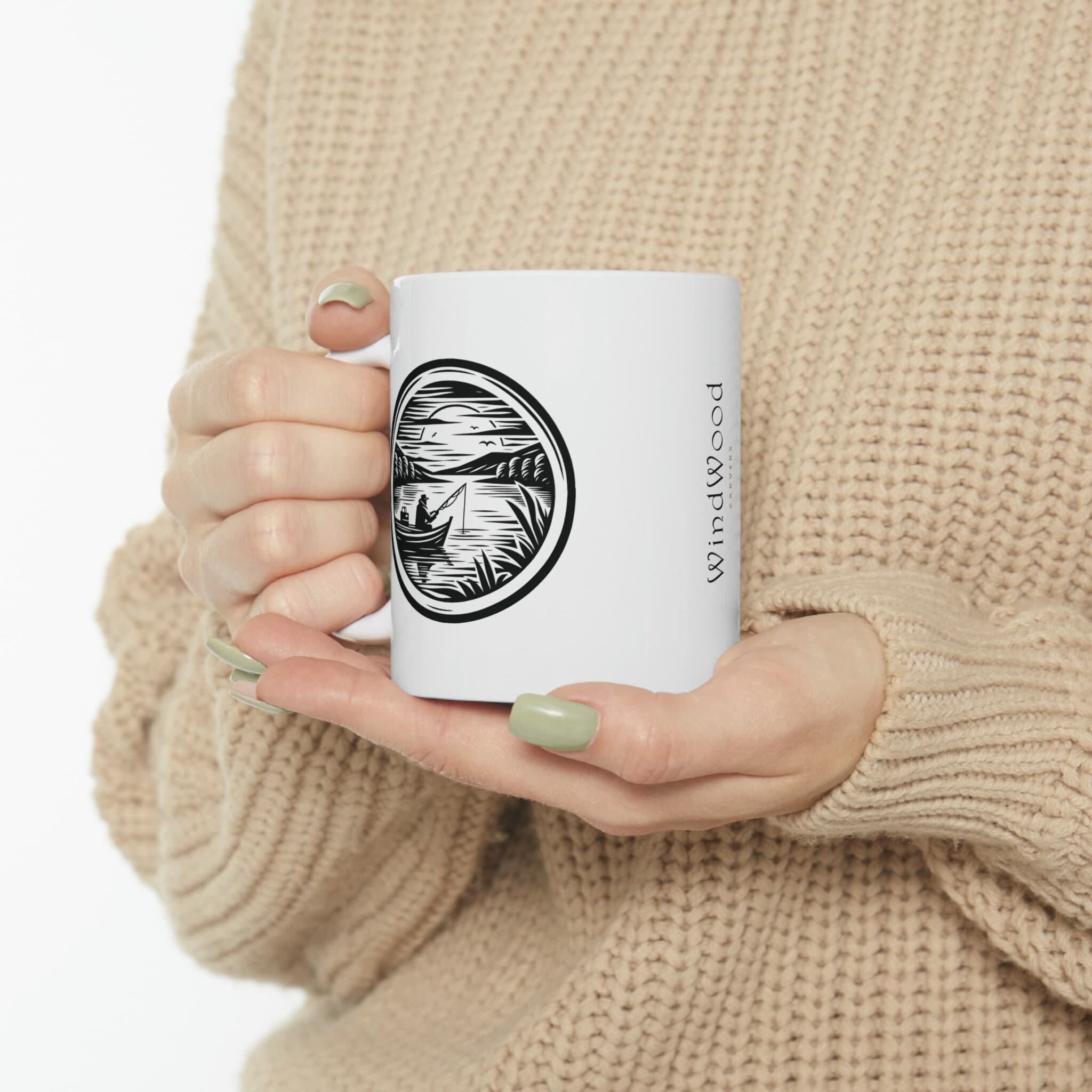 Fishing Ceramic Mug 11oz | Woodcut Bass Design Coffee Cup Gift