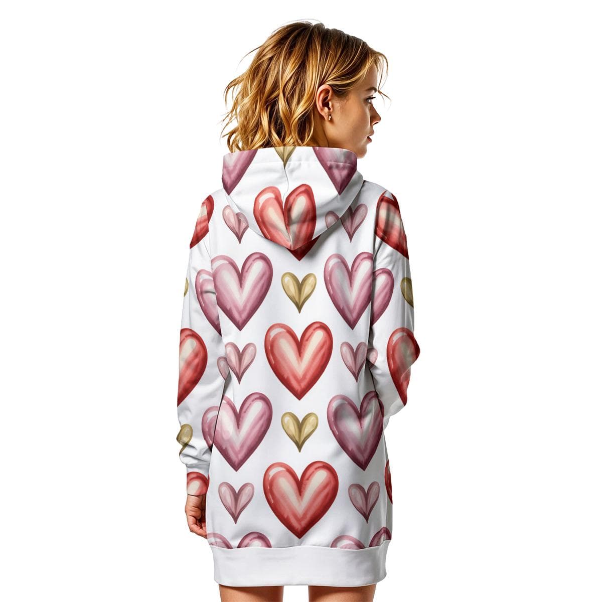 Cozy Heart Pattern Hoodie Dress | Fur-Lined Pullover with Kangaroo Pocket