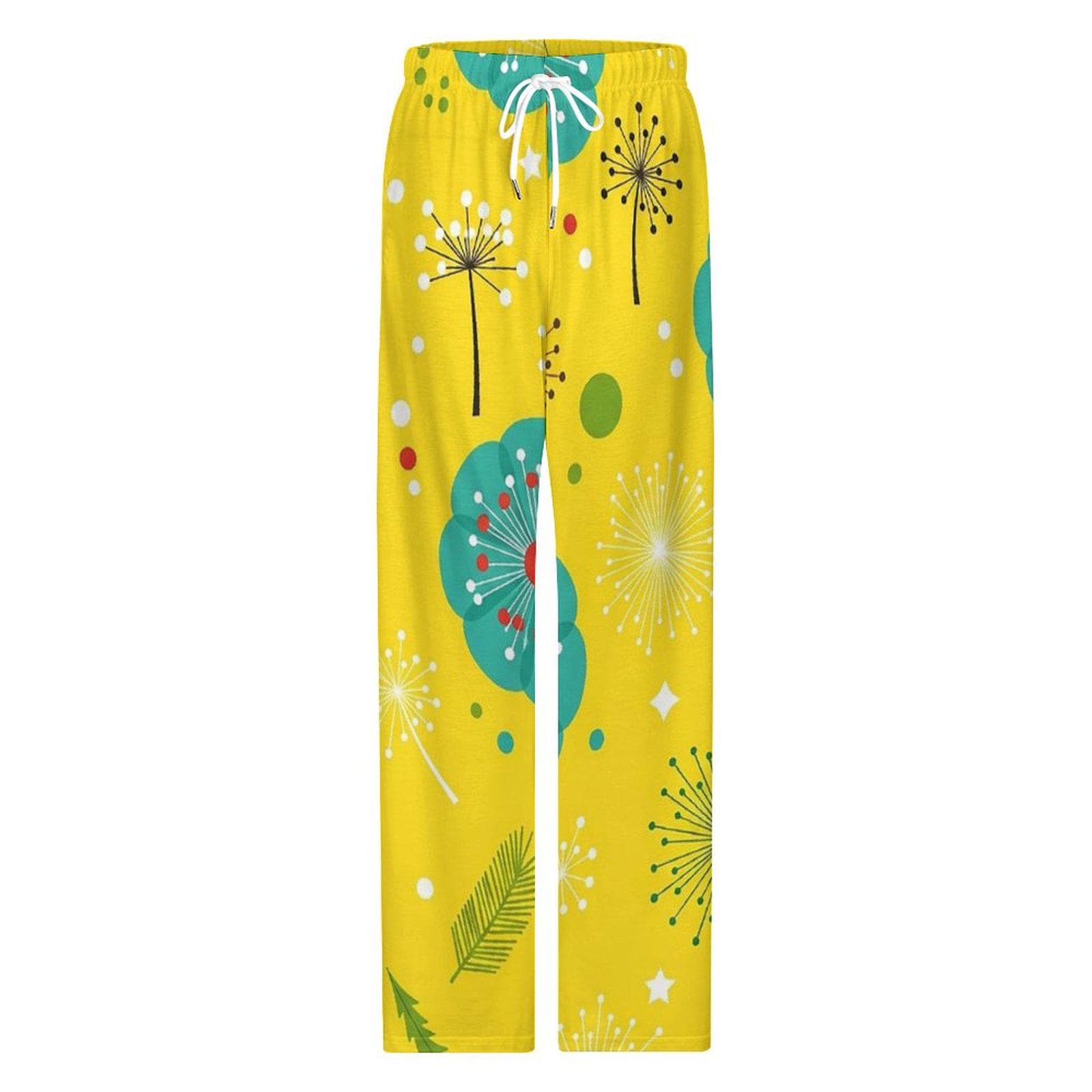 Yellow Dandelion Cotton Pajama Pants for Women, Floral Lounge Sleep Bottoms, Soft PJs, Wide Leg, DTG Printed Gift