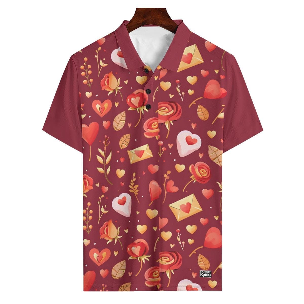Romantic Hearts & Roses Burgundy Polo Shirt | Valentine's Day Love Print | Everyday Kamo