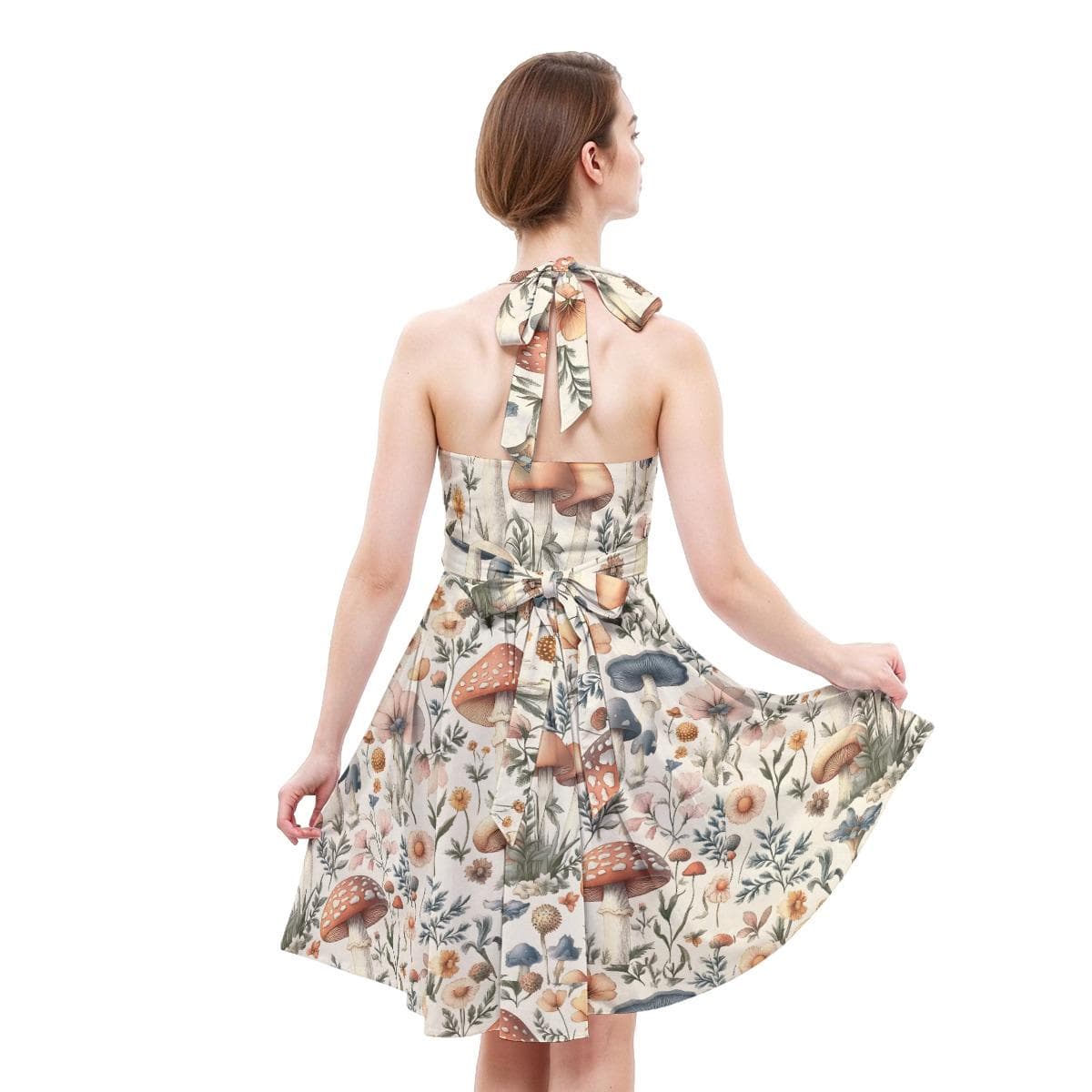 Mushroom Botanical Halter Skater Dress | Sweetheart Neckline A-Line