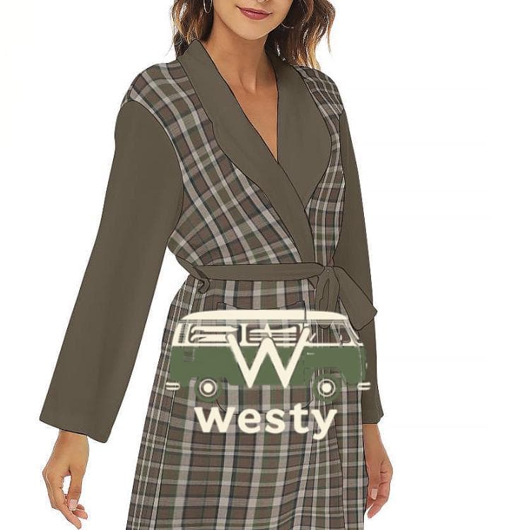Brown Plaid Jersey Robe | Cozy Loungewear Kimono with Pockets