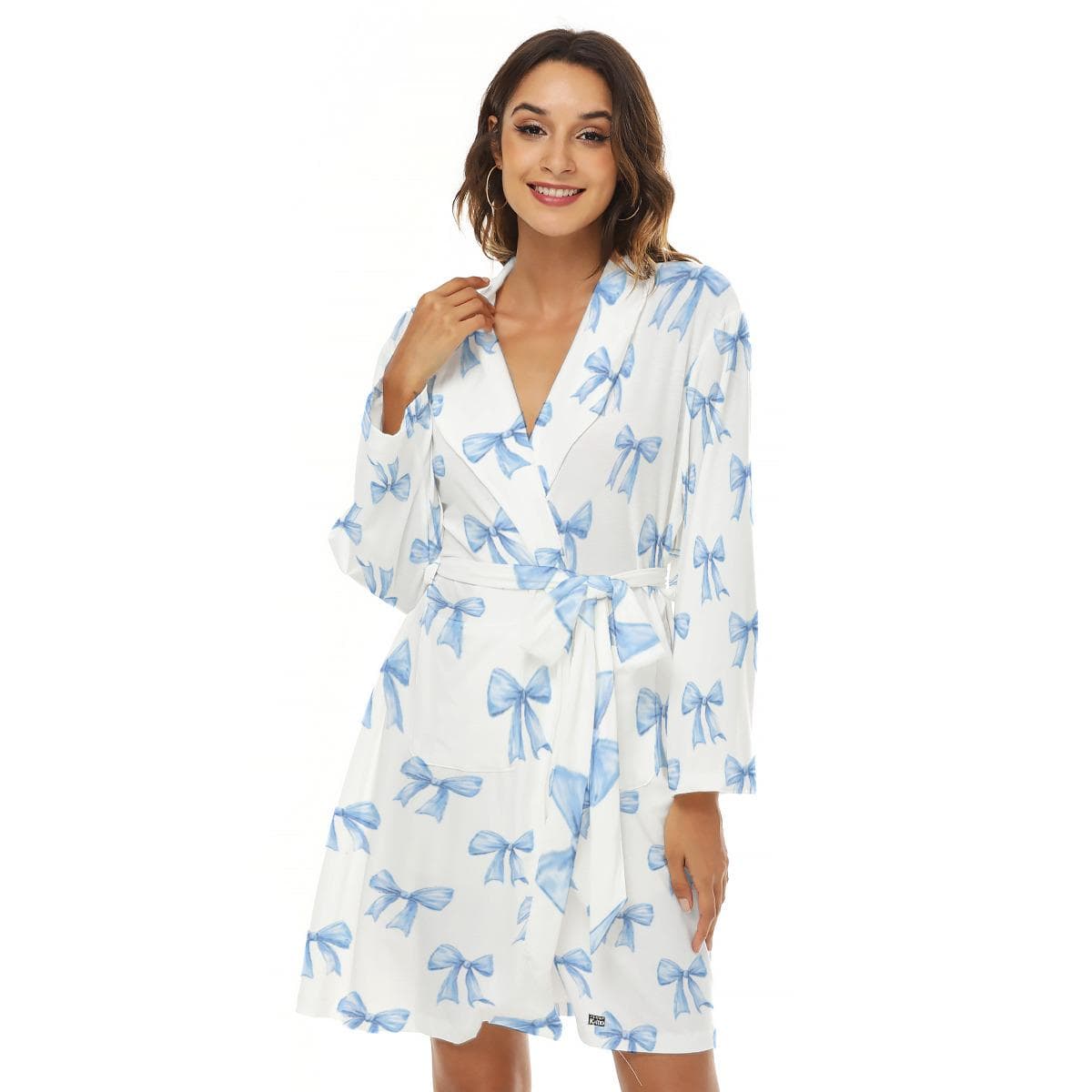 Blue Bow Print Jersey Robe | Women's Loungewear with Pockets