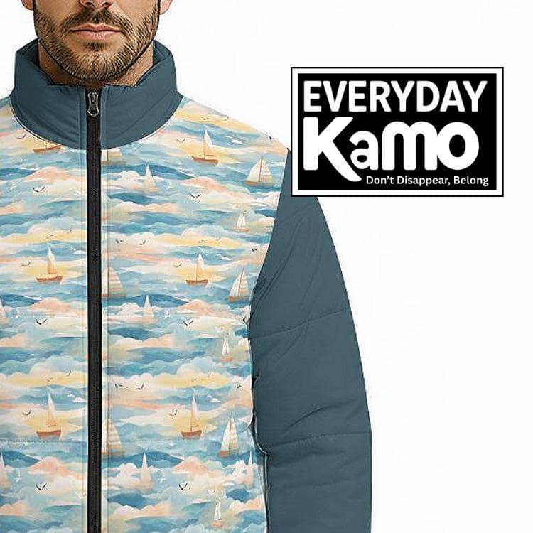 Unisex Sailboat Padded Jacket | Nautical Lightweight Puffer Coat | Coastal Teal Blue Outerwear